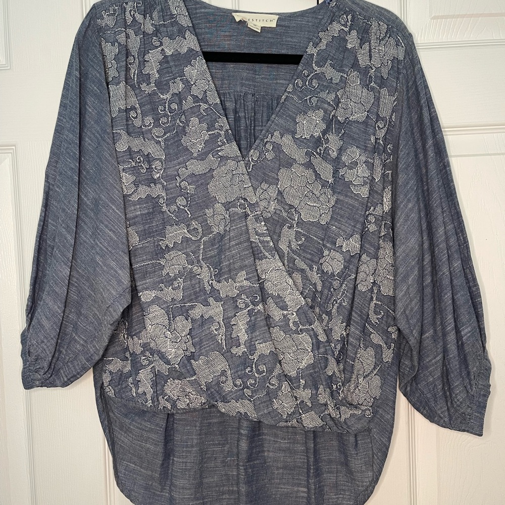 Blue Embroidered Floral Wrap Top